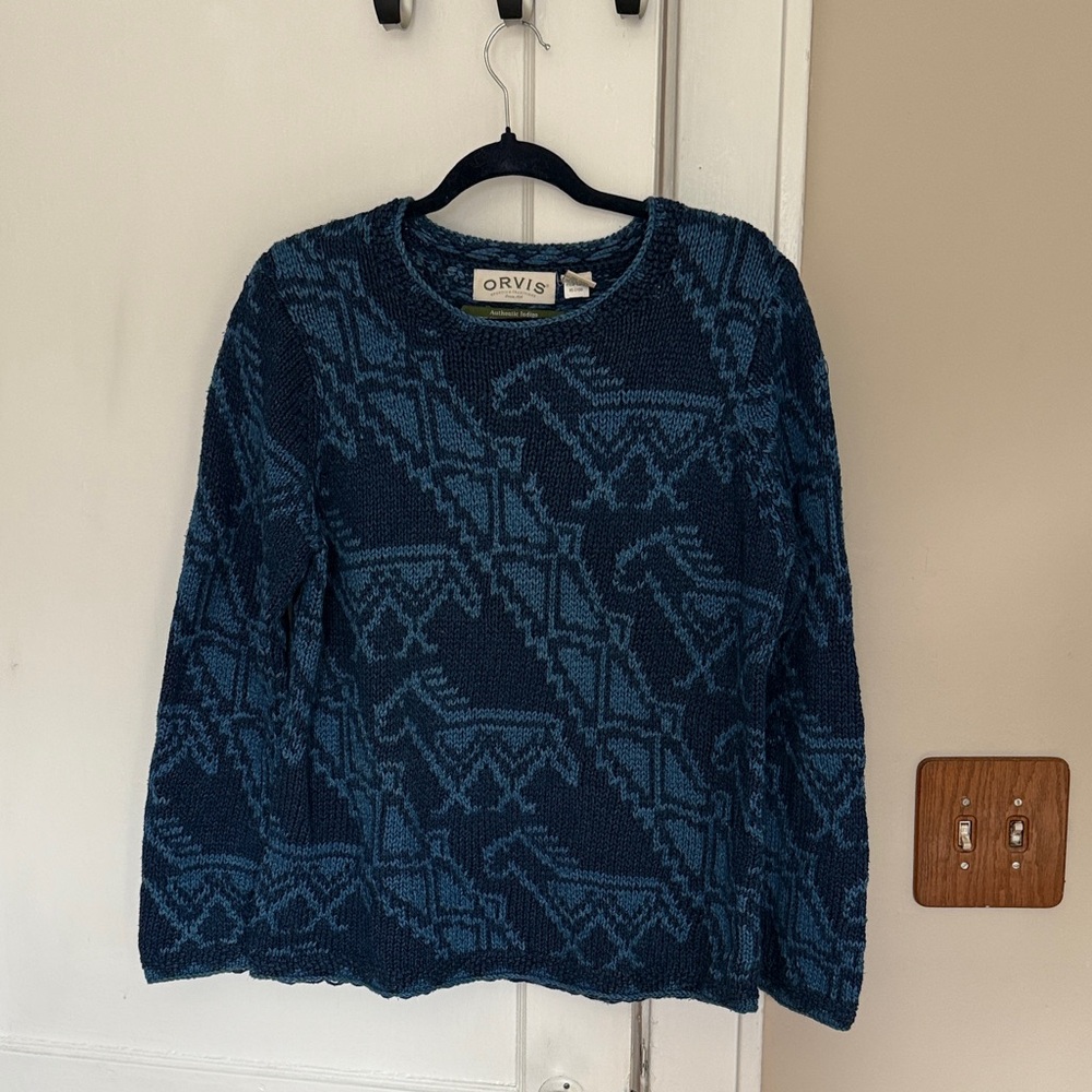 Orvis Women's Sweater with Blue Horse Pattern